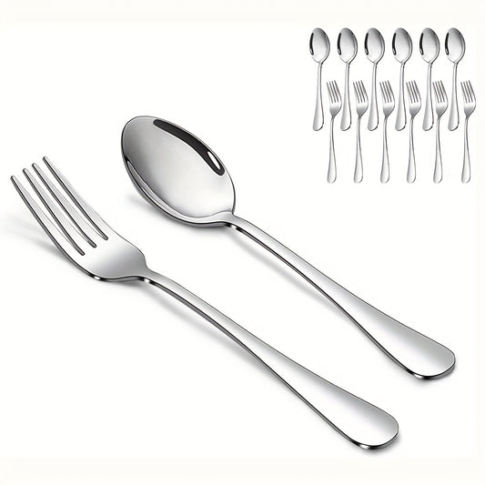 Set includes: 2 pieces - 1 fork and 1 spoon / 6 pieces - 6 forks and 6 spoons. Features salad forks and dinner spoons, mirror polished finish. Safe for dishwasher. Ideal for home, restaurants, and parties.