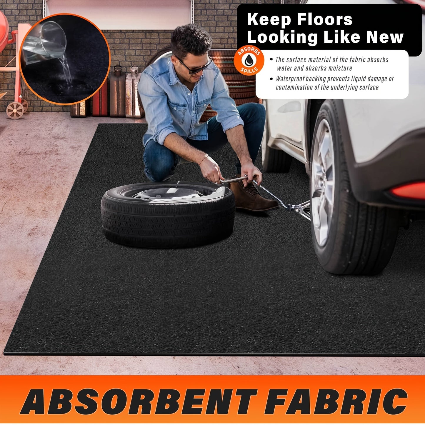 Large garage carpet rug to protect floor from spills, drips, splashes, and stains. Can be washed, cut to size, and is non-slip and waterproof.