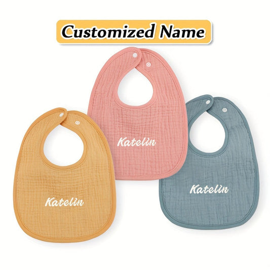 Bundle of 3 Custom Baby Bibs in Yellow, Gray, and Pink - Made with Soft Cotton and Adjustable Snap Buttons. Includes Personalized Name Service, Ideal for Newborns and Toddlers. Great for Holiday Gifting!