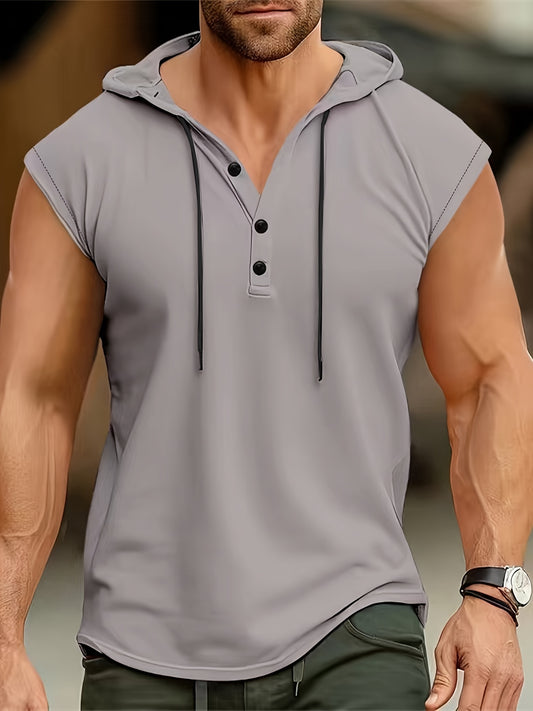 Lightweight, breathable polyester sleeveless hooded Henley shirt for men, perfect for summer casual or sporty wear. Features button detailing and is machine washable.