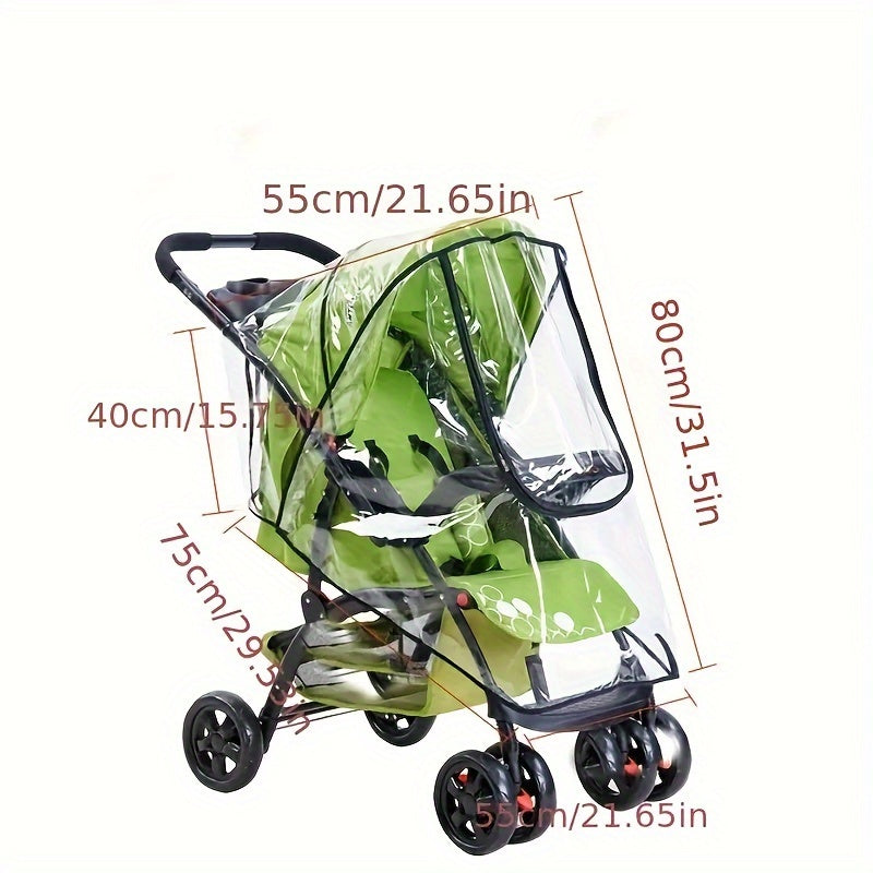 Transparent rain cover for strollers with windproof, dustproof, and rainproof canopy, featuring a black zipper.