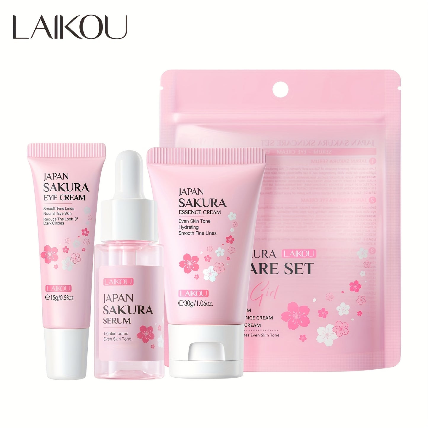 LAIKOU Japanese Cherry Blossom Skin Care Set includes Serum, Liquid Eye Cream, and Face Cream. Perfect as a skincare gift set.