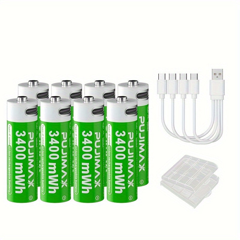 PUJIMAX 1.5V AA 3400mWh Rechargeable Batteries available in sets of 2, 4, or 8 with fast Type-C charging and long-lasting power for electronics. Features green battery design and durability.