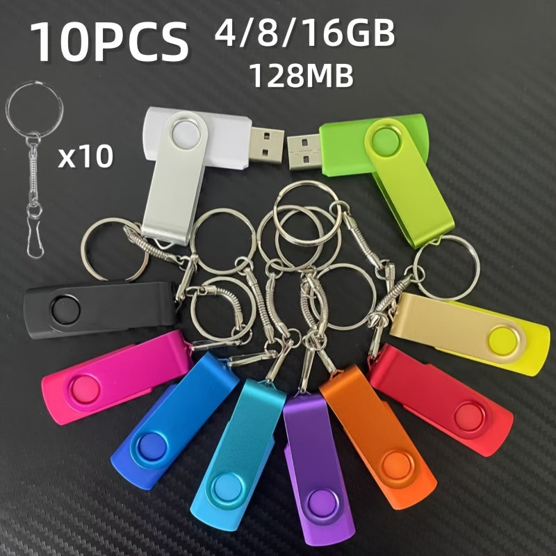 10 colorful metal USB flash drives with real capacity in 128MB, 4GB, 8GB, and 16GB sizes. Includes a free key chain.