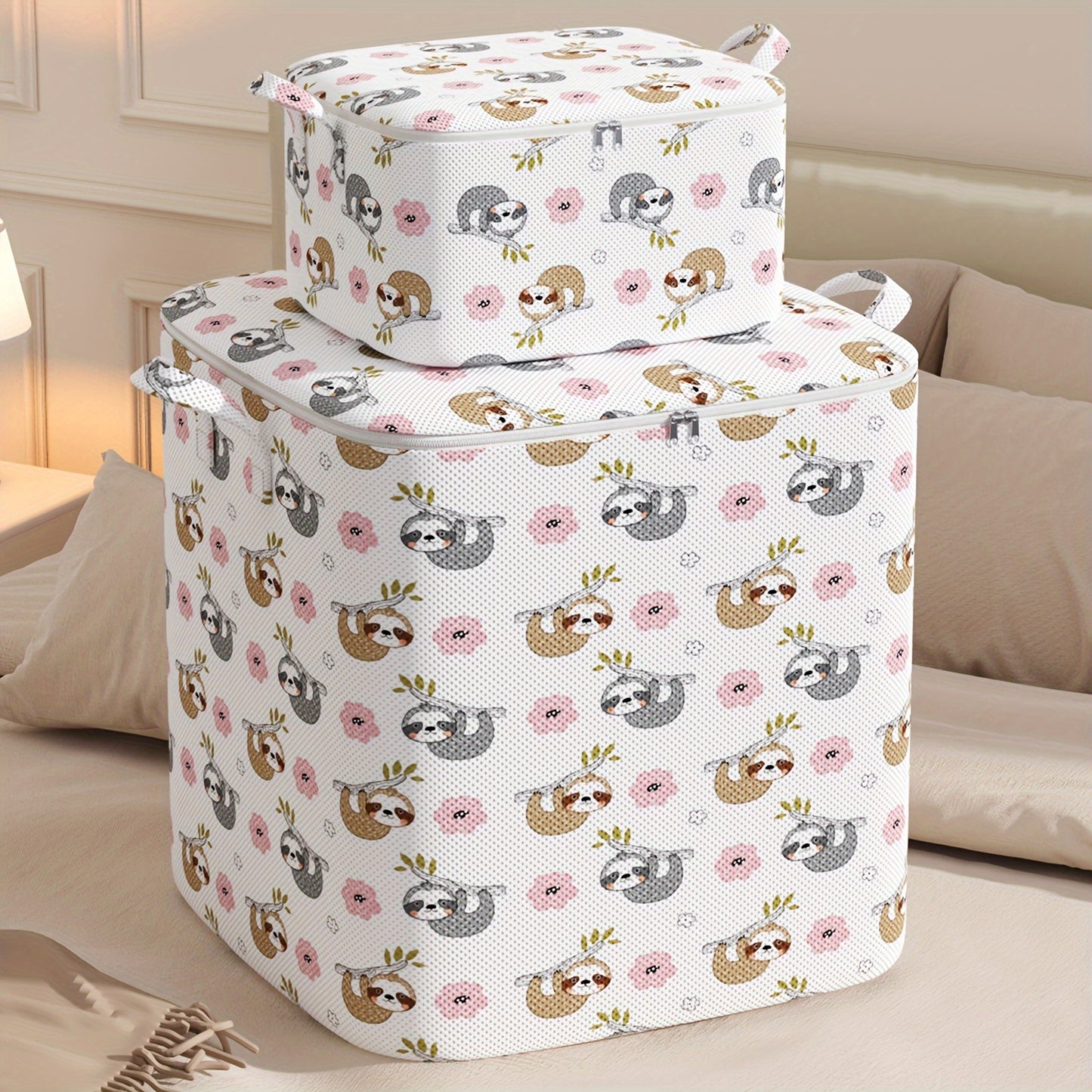 1pc YOUFEN Large Capacity Foldable Storage Bag with Sloth Pattern - Unfinished Fabric Organizer for Bedroom, Laundry, Clothesroom - Underbed Storage for Bedding, Clothes, Quilts, Toys -