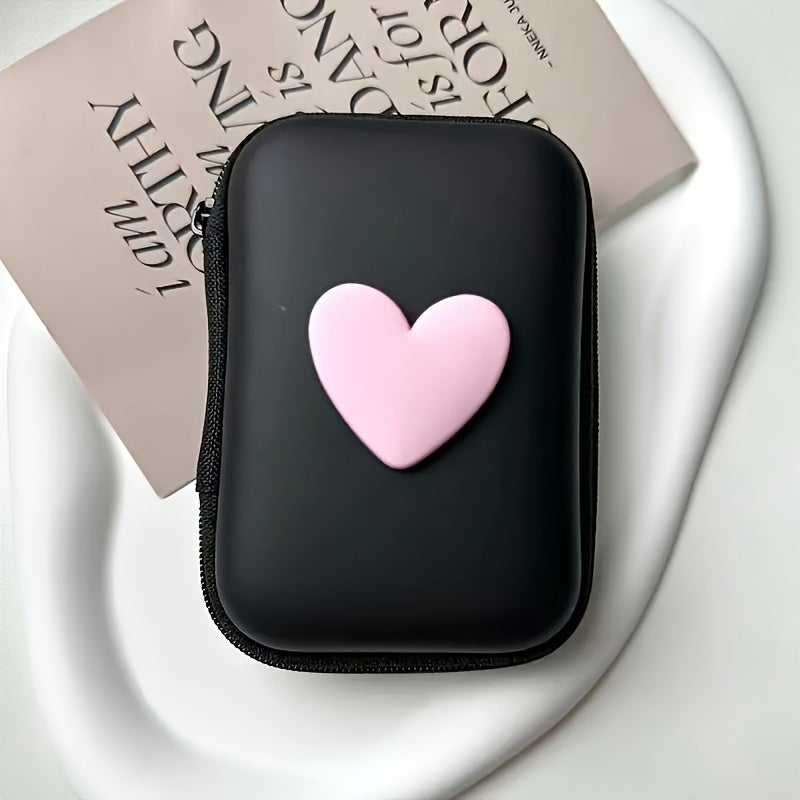 Heart-shaped storage bag for earphones, data cable, and charger with anti-fall zipper.