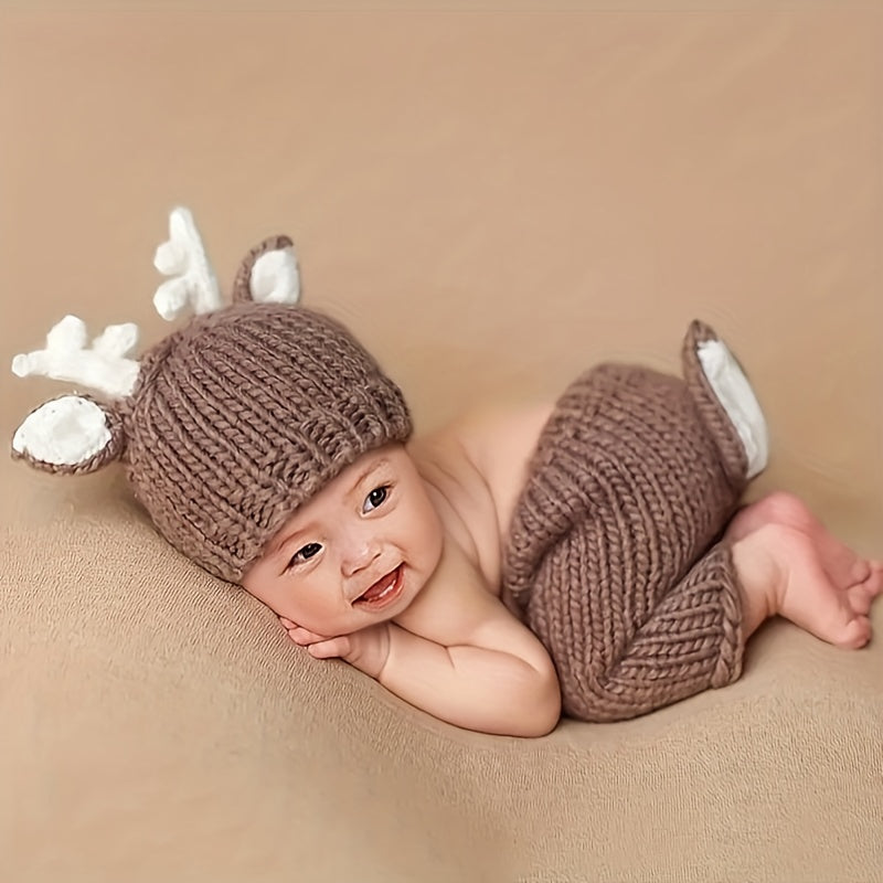 Handmade Christmas Deer Coffee-colored Two-piece Set, Velvet Woven Photography Props for Kids