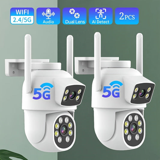 5G Dual Lens Security Cameras, Pack of 2, 4MP PTZ Wireless Outdoor Surveillance with Color Night Vision. Features include Motion Detection, 2-Way Audio, SD/Cloud Storage not included, IP65 Waterproof, USB Powered, ABS Material, Voltage ≤36V.