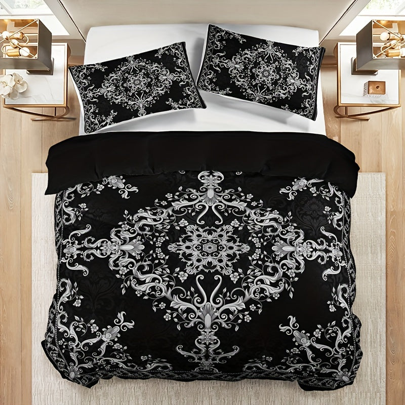 3-piece duvet cover set with pillowcases, breathable polyester, digital print black and white damask pattern, machine washable, no duvet insert, 90g fabric weight