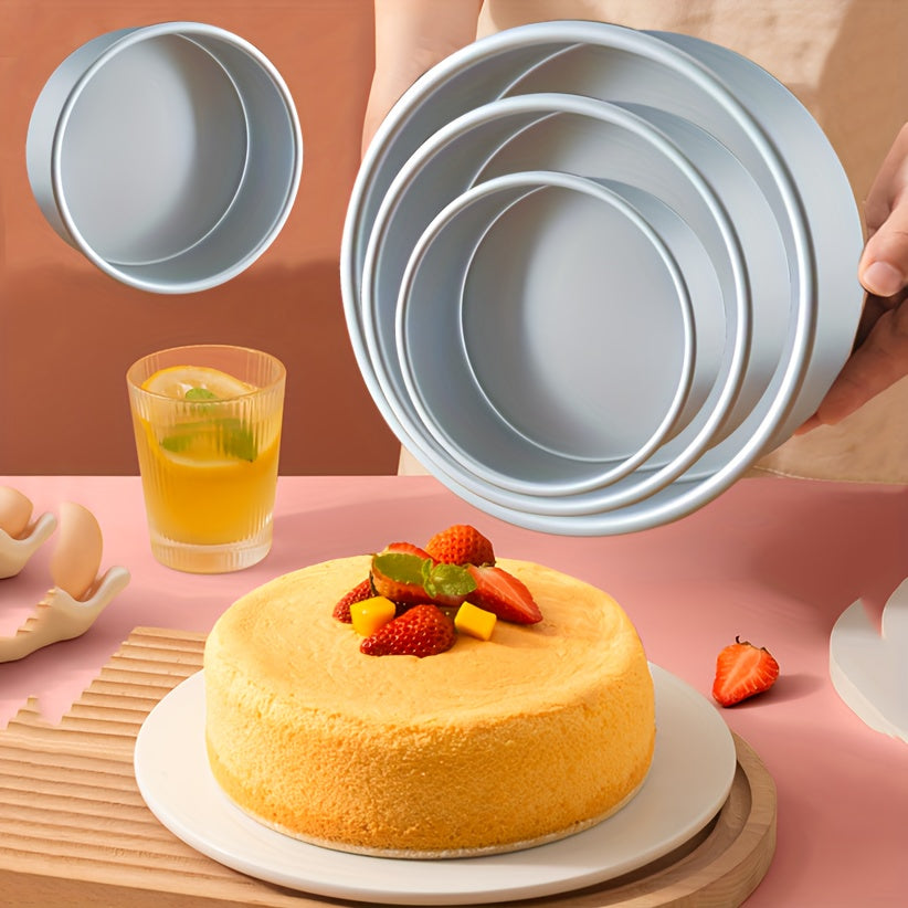 One set includes three round cake baking molds with diameters of 10.16cm, 15.24cm, and 20.32cm. These molds have fixed bottoms and can be used for baking chiffon cakes, jelly puddings, mousses, and more. Perfect for home kitchens, bakeries, and parties