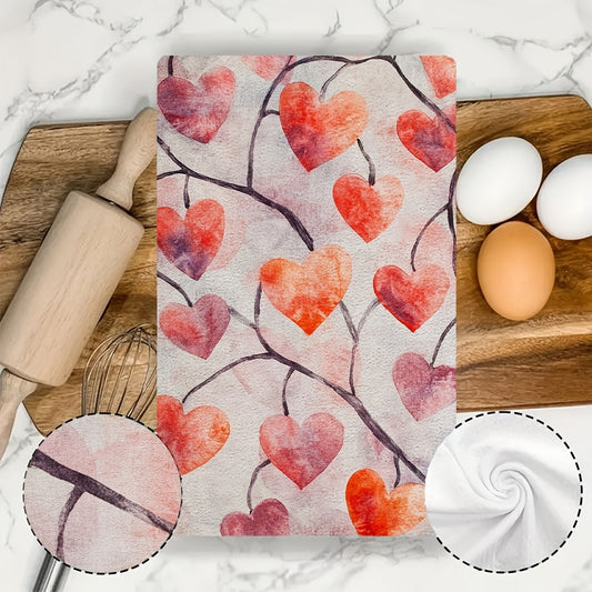 Valentine's Hearts Kitchen Towels - Set of 2, Super Soft and Absorbent, Machine Washable Dish Hand Towels, Romantic Red and Pink Heart Design on White Background, Size 40.64x60.96 cm, Perfect for Holiday Decor and Everyday Use