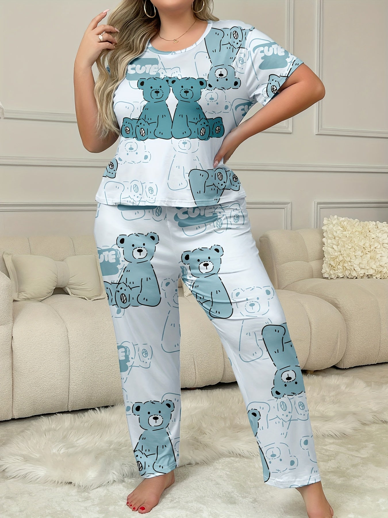 Plus size teddy bear print pajama set for women with round neck, short sleeve, and long pants. Comfortable loungewear for spring/summer/fall.