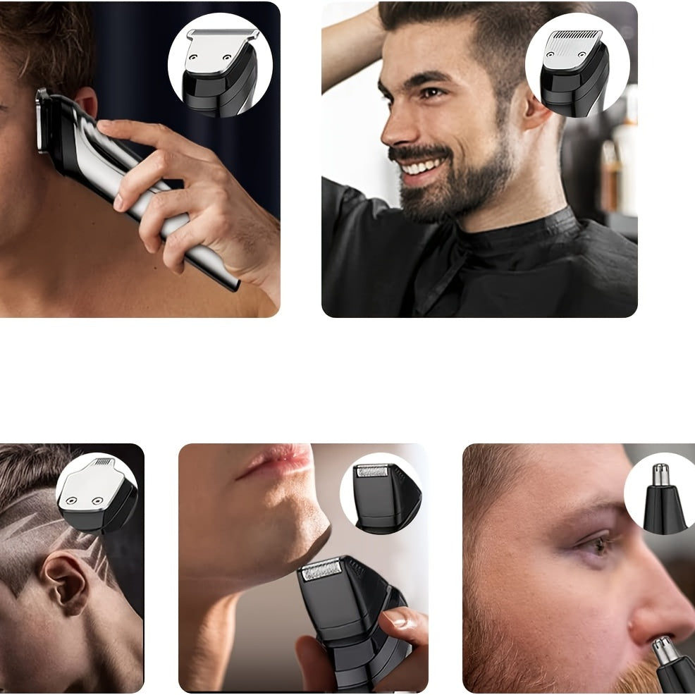 Men's all-in-one grooming kit with USB rechargeable cordless beard trimmer and LED display, ideal for Father's Day gift.