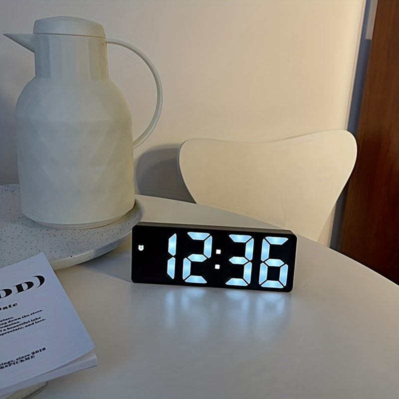 Smart LED desk alarm clock with voice control, silent alarm, snooze function, and wake up alarm.