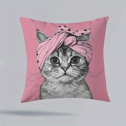 Reversible cat-themed throw pillow cover with pink turban design. Made of 100% polyester with zipper closure. Machine washable. Measures 45.72x45.72 cm. Perfect for bedroom, living room, and other rooms. 1pc, no insert included.