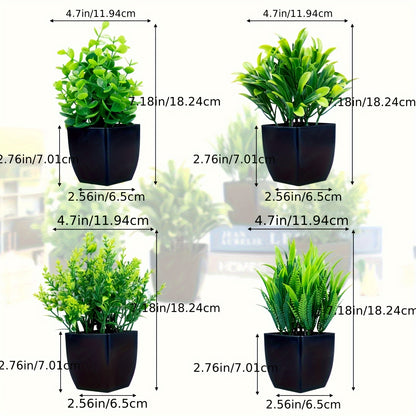 Set of 4 small faux eucalyptus plants in black pots for indoor decoration.