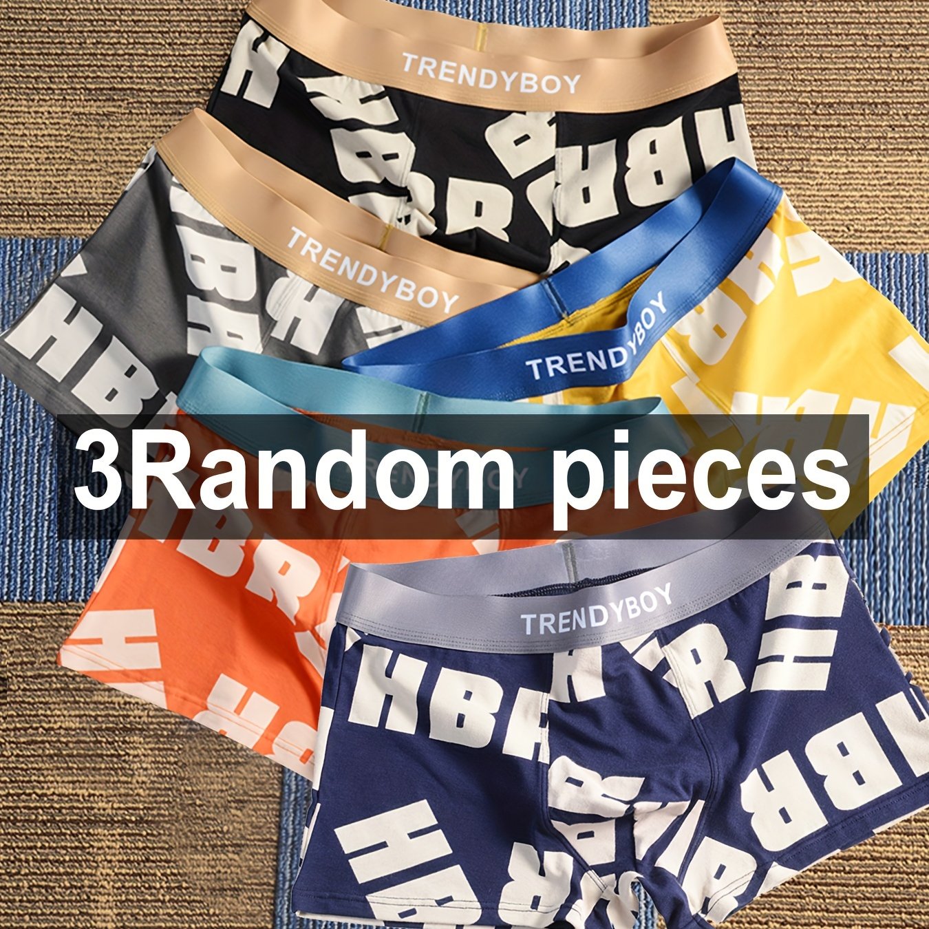 3 TrendyBoy Men's Cotton Boxer Briefs with Elastic Waistband, Random Colors, "HBR" Print Design, Comfort Fit.