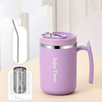 Stylish stainless steel coffee mug with straw, handle, perfect for office, reading, camping. Available in orange, light blue, cream, ideal for drinking coffee or tea.