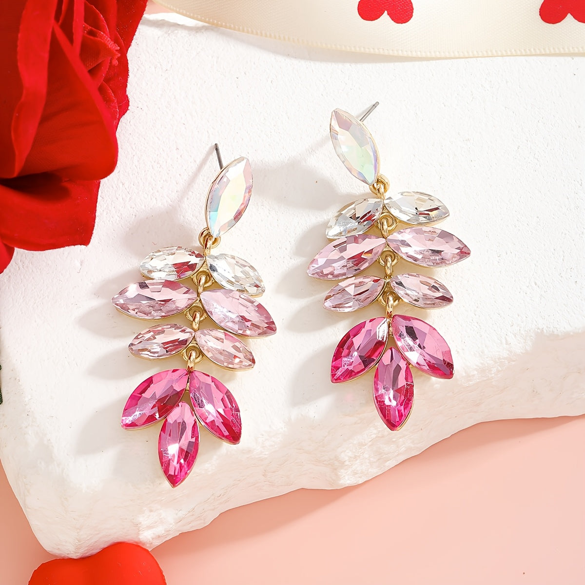 Stunning Pink Heart Rhinestone Earrings: Beautiful Floral Drop Earrings with Stainless Steel Posts, made with Alloy & Rhinestone Mosaic. Ideal for Valentine's Day and Special Occasions, a timeless gift for Women all year round.