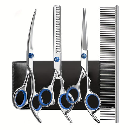 Stainless Steel Pet Grooming Scissors Set with Safe Rounded Tips for Dogs & Cats, Easy-to-Use, Includes Cleaning Tools