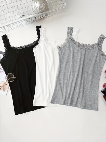 Three simple tank tops with floral lace trim, suitable for all occasions, women's lingerie and underwear.