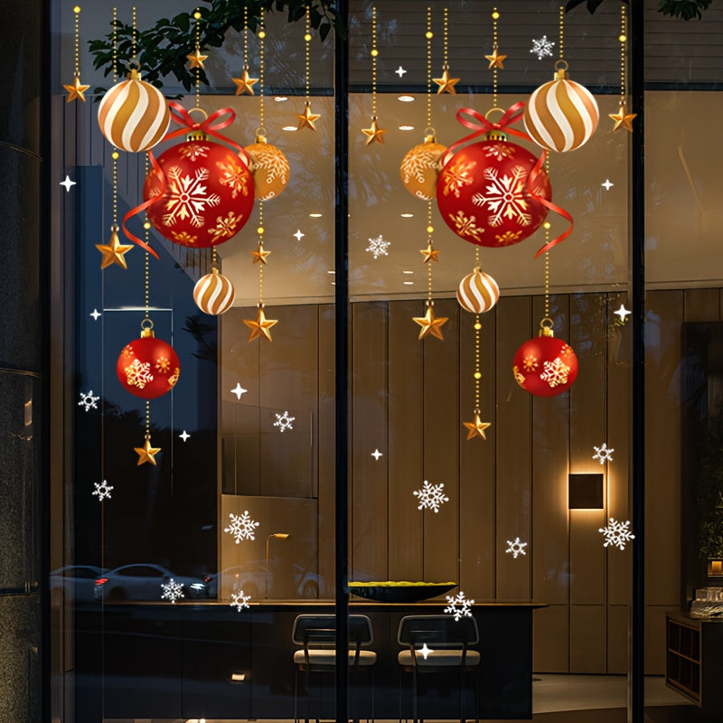 Christmas Window Clings with Snowflakes, Balls, and Stars Design - Simple Application, Reusable PVC, Easy Electrostatic Installation for Glass Doors and Walls