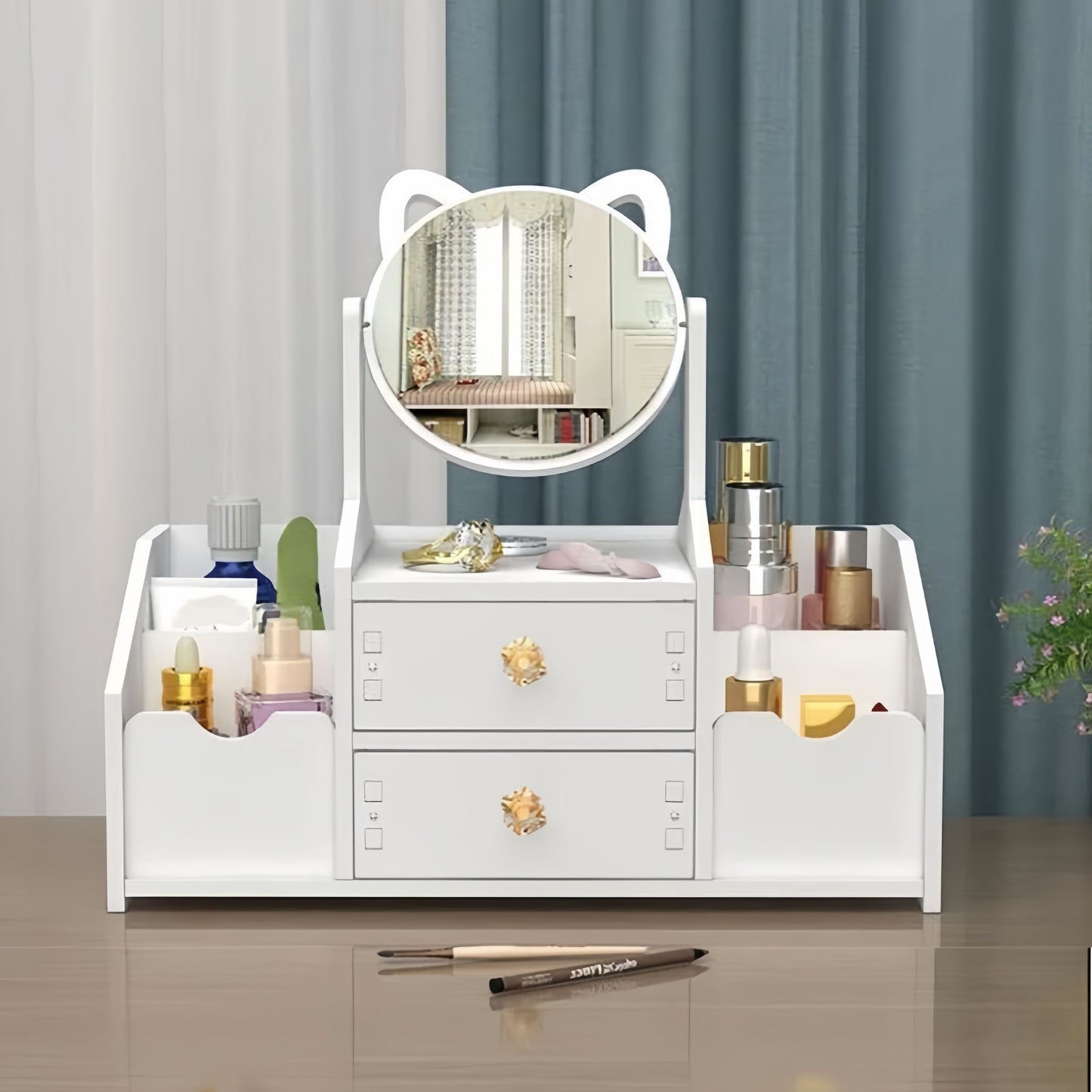 Countertop makeup organizer with mirror, drawer, and floral design for skincare products, iPhone holder, and lightweight use without electricity.