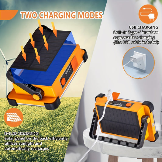 Rechargeable LED Solar Floodlight, versatile for power outage, camping, fishing. Can be charged by solar or USB.