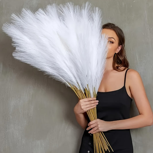 10 pieces of faux pampas grass in white color for boho home decor and flower arrangements.