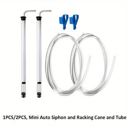 Auto Siphon Set includes 1 or 2 mini siphons with built-in pump, bottling wand, racking cane, stabilizer clip clamp, and 1 meter beer tubing. Ideal for homebrew and kombucha fermentation.