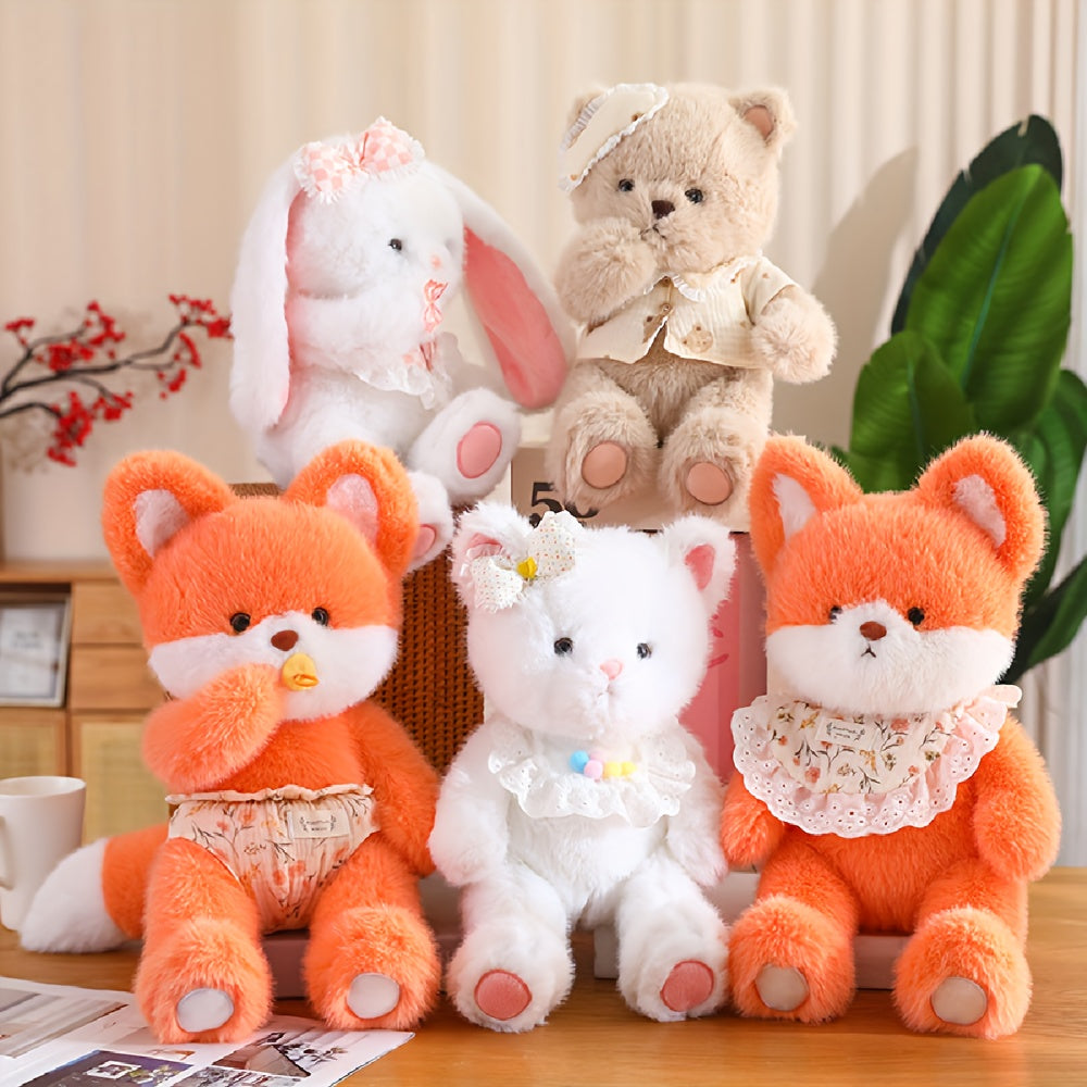 Soft and calming Fox, Bear, and White Cat plush dolls ideal for home decor or as a thoughtful gift.