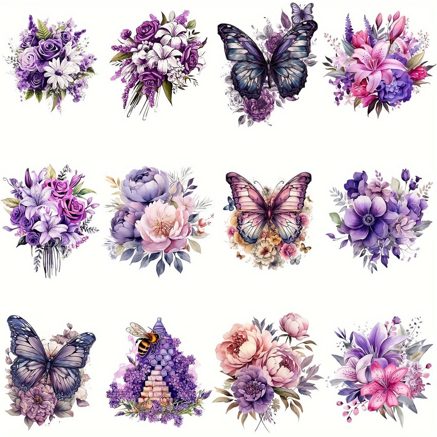 Iron on transfer stickers with a purple flower and butterfly theme in a set of 12 pieces, perfect for adding a floral touch to t-shirts, sweatshirts, hoodies, bags, and other clothing accessories.