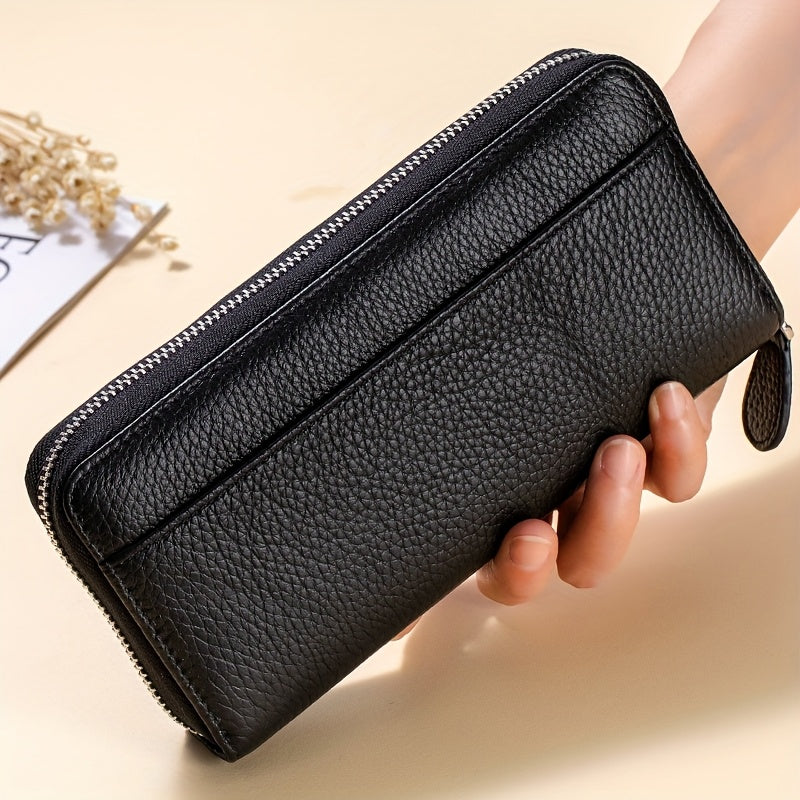 Women's Genuine Leather RFID Anti-theft Long Zipper Wallet with 19 card slots, 1 coin pocket, and 5 cash slots.