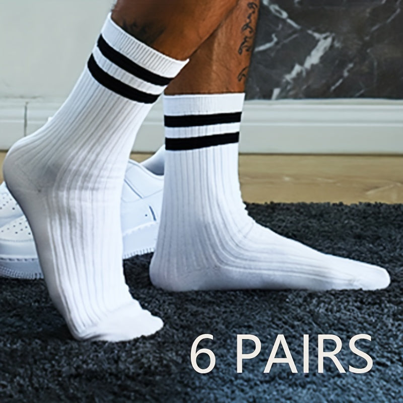 6 pairs of men's trendy striped crew socks, perfect for outdoor and all-season wear