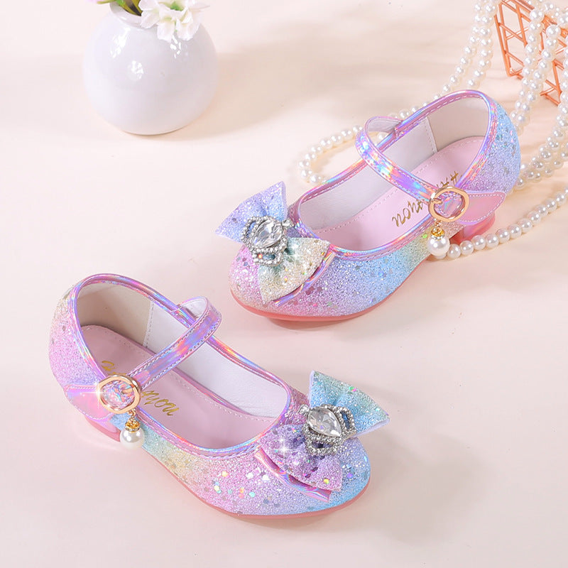 Girls' Sparkly Rainbow Princess High Heels with Pearl & Rhinestone Embellishments, Non-Slip Sole, Hook-and-loop Closure - Ideal for Performances & Parties