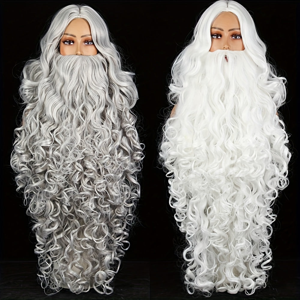 Santa Claus Beard Wig, Men's Costume Accessory, Made of Polyester, Features Funky Curly Style, Color: White, Can be Machine Washed and is Heat Resistant