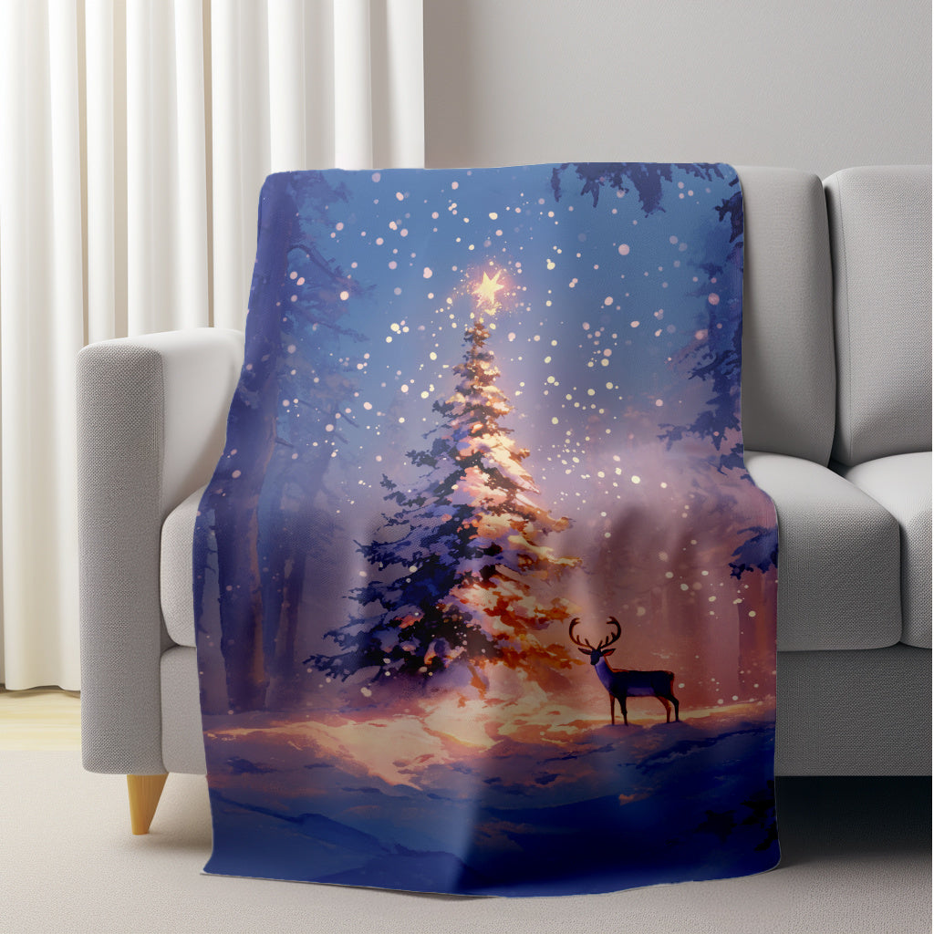 Contemporary Style Soft Flannel Fleece Blanket with Christmas Tree and Deer Design - 1 Piece, 200-250g Fabric Weight, Digital Print, All-Season Use, Washable, Multi-Functional for Sofa, Home, Office, Camping, and Travel - Polyester Cover Included.