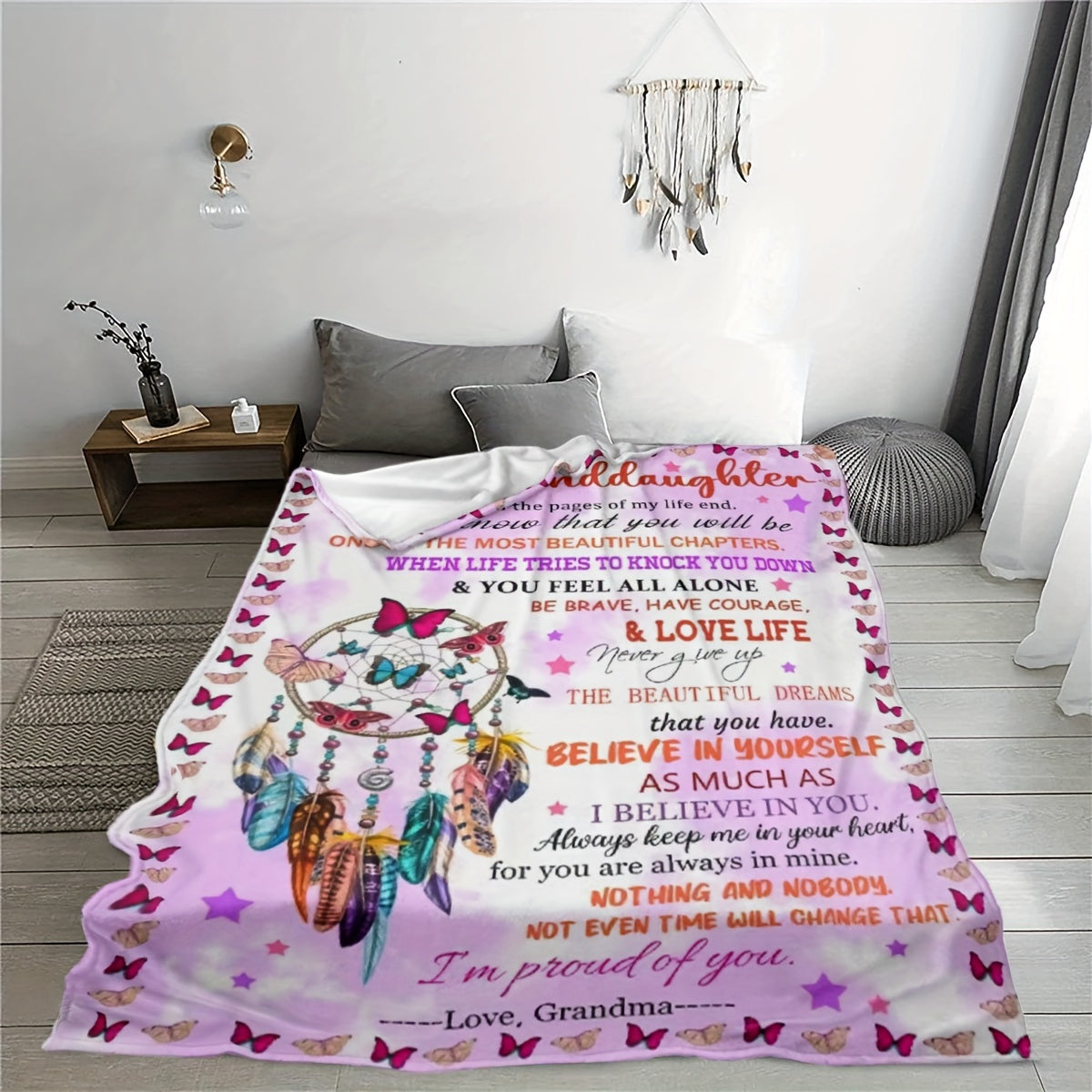 This lightweight flannel throw blanket is the perfect gift for your granddaughter. Made from soft fleece polyester knit, it features a contemporary style with a digital print. Cozy and versatile, it's great for bed, sofa, or chair. Weighing 200-250g per