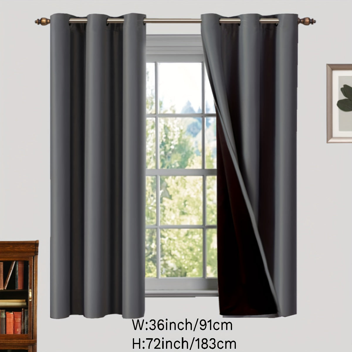 Two pieces of 100% blackout curtains made from polyester, coated and insulated with a grommet top design. Perfect for bedroom, living room, and home decor.