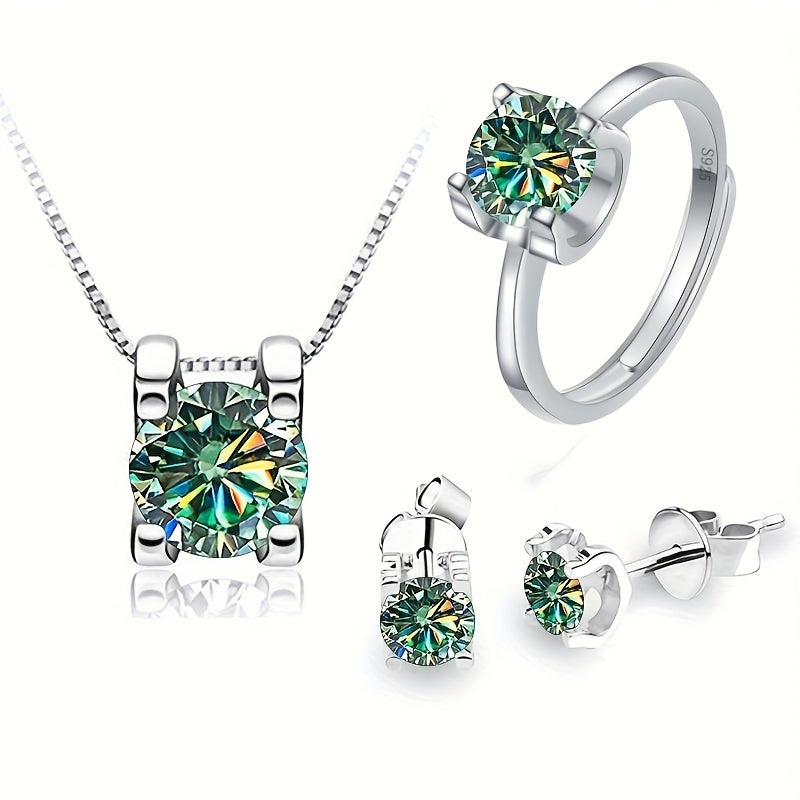 Complete 925 Sterling Silver Moissanite Jewelry Set featuring 1 pair of Earrings, 1 Necklace, and 1 Ring adorned with a 1ct Moissanite stone. High quality pieces ideal for Engagement or Wedding, a perfect Christmas gift complete with Certificate and Box.