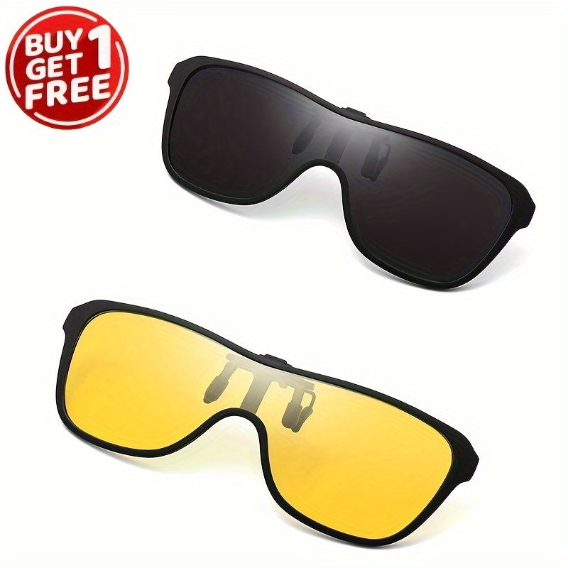 Purchase one and receive another one for free! Get two polarized clip-on fashion glasses for both men and women, ideal for driving and outdoor activities. These glasses feature a movement style and a fun Hawaii theme.