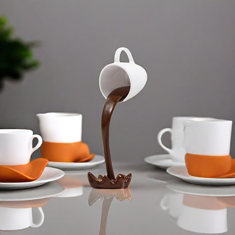 1pc Creative Inverted Floating Resin Coffee Cup Decoration with water overflow effect, perfect for room and office decor or as a unique gift for Halloween and other festivals.