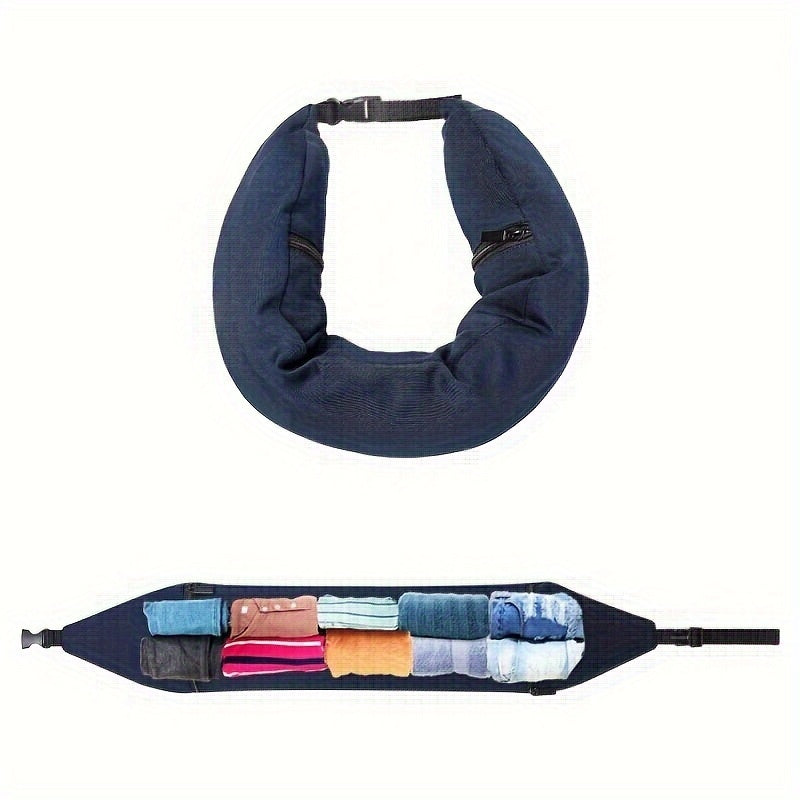 Travel comfortably and efficiently with the Portable 3-in-1 Neck Pillow, featuring built-in clothes storage. Made with a soft knitted polyester cover that is easy to spot clean with no printing, this lightweight pillow weighs only 250-300 gsm. An