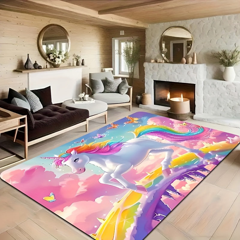 Add a touch of whimsy to your space with the Whimsy Woods Unicorn Area Mat. Made from durable 8mm thick polyester, this cartoon fantasy horse mat is perfect for the bedroom, living room, or entryway. It is machine washable and features a cute unicorn