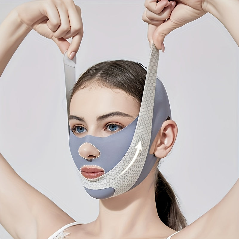 <Elastic plastic facial bandage for day and night use, also functions as anti-snoring and sleep mask.>