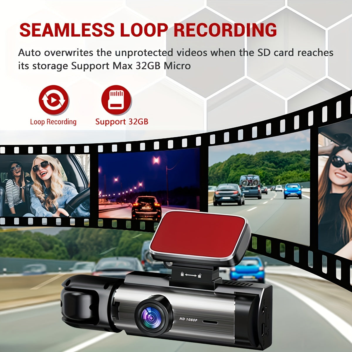 1080P HD Dual-Lens Car DVR with 64GB memory card, fast car phone mount, 12-hour recording, auto loop, gravity sensor, aluminum cooling case, 8.03cm IPS screen - Fit.