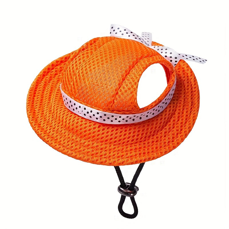 Breathable mesh sun cap for dogs, ideal for outdoor adventures and grooming. Features adjustable snap closure and ear holes.