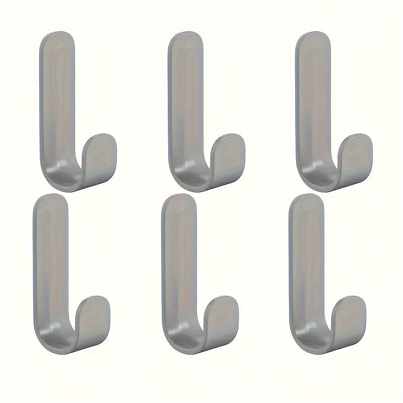 6 strong adhesive J-shaped hooks for kitchen storage, with no-drill, rust-resistant plastic design.