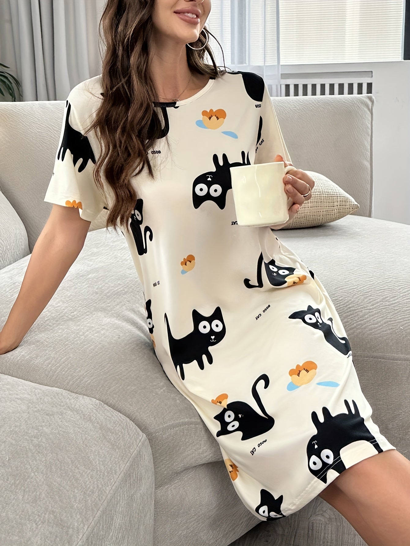 Cartoon Cat Print Nightdress for Women, Short Sleeve Sleep Dress