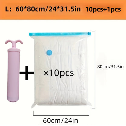 A pack of 11 vacuum-sealed storage bags featuring a pink hand pump, perfect for storing winter items. These versatile plastic bags have a zipper closure and can be used for travel, camping, moving, organizing your home kitchen, and maximizing storage